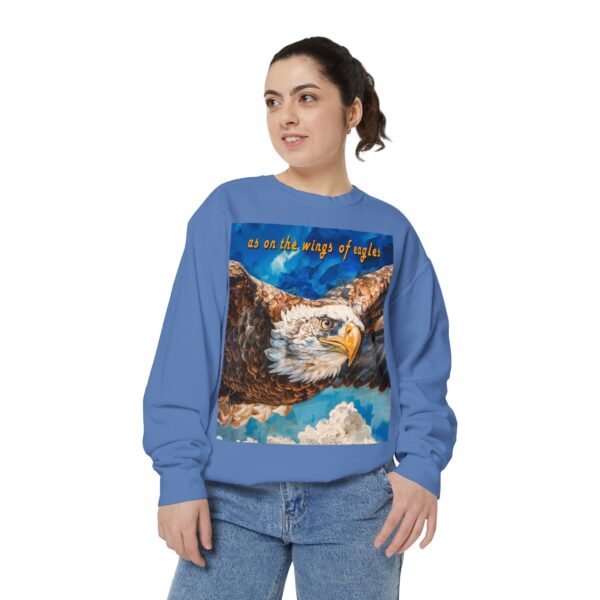 Our "as on the wings of eagles" Sweatshirt with a majestic eagle in flight. Vintage Christian Faith Apparel, Thoughtful Quote from Isaiah 40:31! Unisex Jumper, Pullover - Image 22