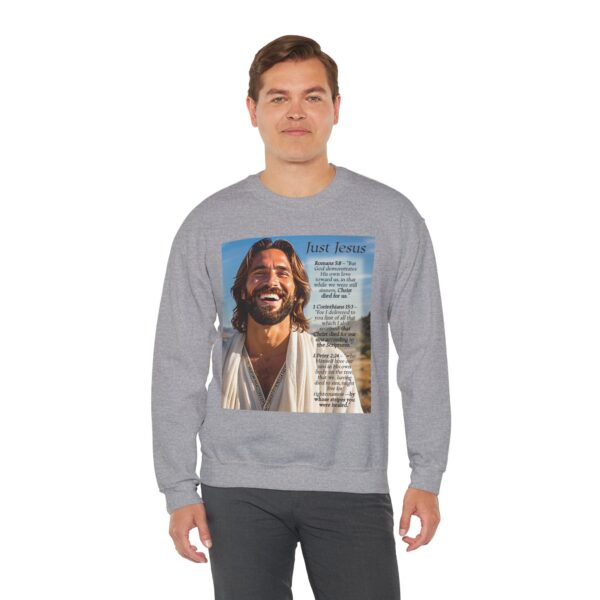 Crewneck Sweatshirt with our inspirational "Just Jesus" and Verses on Salvation Design! Vintage Inspired Faith Apparel, Gospel Fashion Unisex Heavy - Image 12
