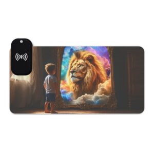 LED + wireless Charging Mouse Pad, Desk Mat, "Benji's Reflection" Biblical Fantasy Design, Tech Gift, Home Office Essentials Inspirational