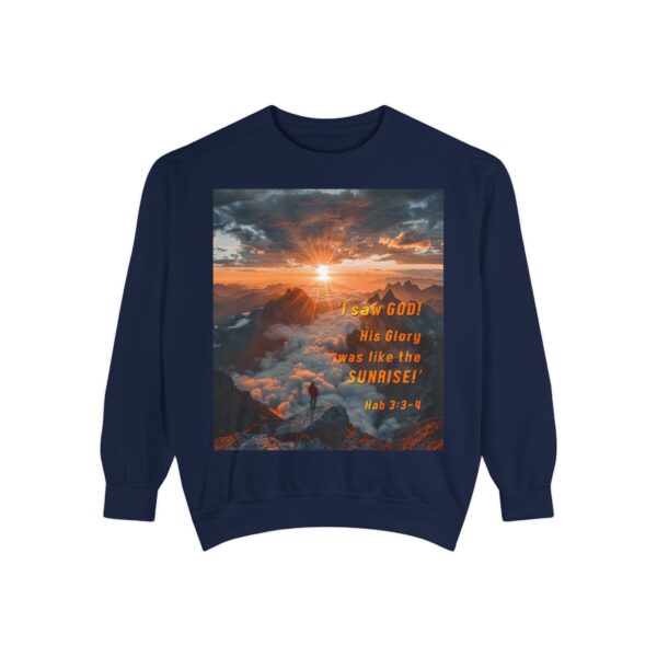 Sweatshirt Unisex our inspirational "His splendor was like the sunrise" design with a quote from Habakkuk 3:3-4! Faith Apparel Gospel Fashion Jumper, Pullover - Image 36