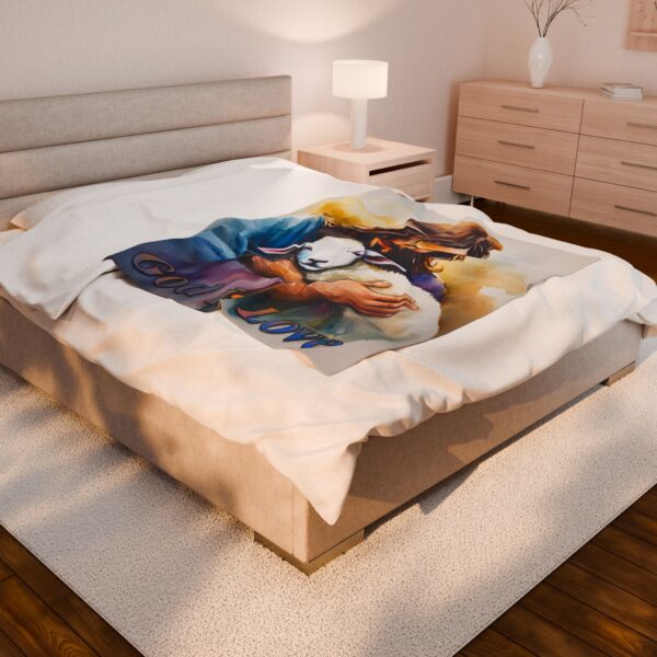 Our "God is Love" series Throw Blanket with an image of Jesus hugging a Baby Lamb! Inspirational Velveteen Plush Throw Blanket, Cozy Gift, Faith Home Decor Bedding - Image 8