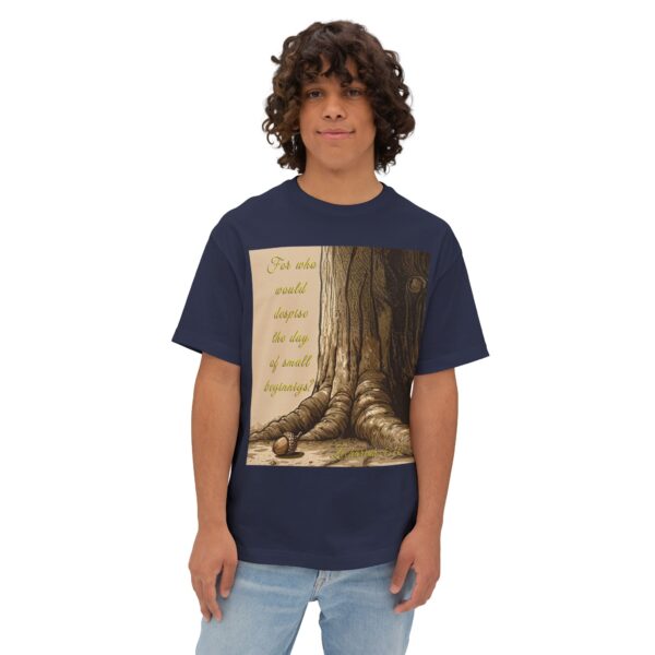 Our inspirational 'Day of Small Beginnings' with thoughtful quote from Zech 4:10 and Acorn-Oak Tree design Boxy T-Shirt, Inspirational Christian Faith Apparel Unisex Cotton Tee, Oversized Boxy Tshirt - Image 11