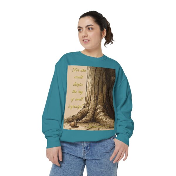 Sweatshirt Unisex with our Inspirational "Day of Small Beginnings" with thoughtful quote from Zech 4:10 and Acorn-Oak Tree design! Faith Apparel Gospel Fashion Jumper, Pullover - Image 21