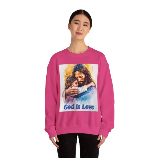 Crewneck Sweatshirt with our "God is Love" series with Jesus hugging a young girl! Inspirational Biblical Vintage Inspired Gift - Image 3
