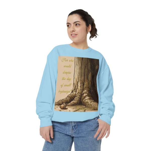 Sweatshirt Unisex with our Inspirational "Day of Small Beginnings" with thoughtful quote from Zech 4:10 and Acorn-Oak Tree design! Faith Apparel Gospel Fashion Jumper, Pullover - Image 26