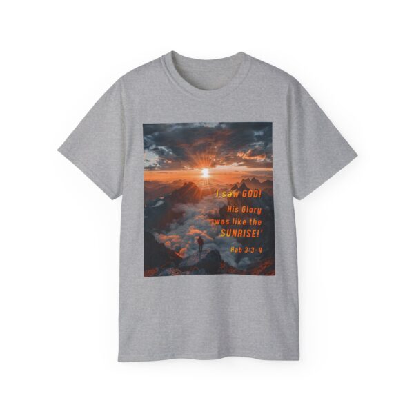Cotton T-shirt with our inspirational "His splendor was like the sunrise" design with a quote from Habakkuk 3:3-4. Vintage Christian Faith Apparel Unisex Cotton T-Shirt, Thoughtful Quote - Image 7