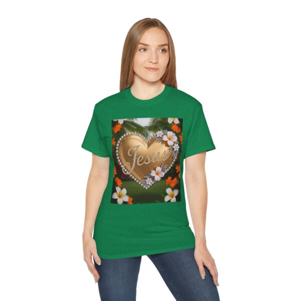Our inspirational "Jesus" 'Diamond Ring-Solid Gold Heart' Design! on a Christian Unisex Cotton T-Shirt, Faith Spiritual Apparel, Love Gift - Image 18