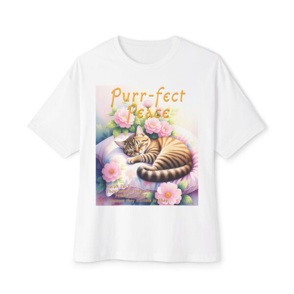 Our "Purr-fect Peace" Boxy T-Shirt with a cat in blissful sleep featuring the verse Isaiah 26:3! Inspirational Christian Faith Apparel Unisex Cotton Tee, Oversized Boxy Top T-shirt - Image 3