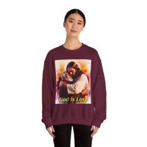 Crewneck Sweatshirt with our "God is Love" series with Jesus hugging papa! Inspirational Biblical Vintage Inspired Gift