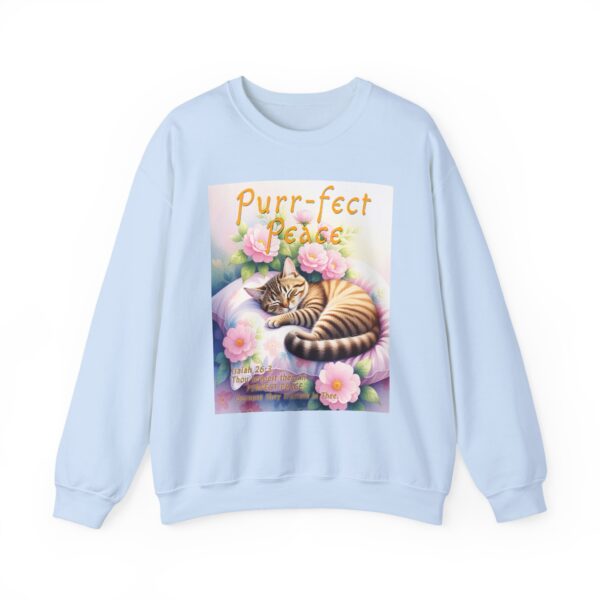 Crewneck Sweatshirt with our "Purr-fect Peace" with a cat in blissful sleep design featuring the verse Isaiah 26:3! Inspirational Biblical, Vintage Inspired, Gift - Image 2