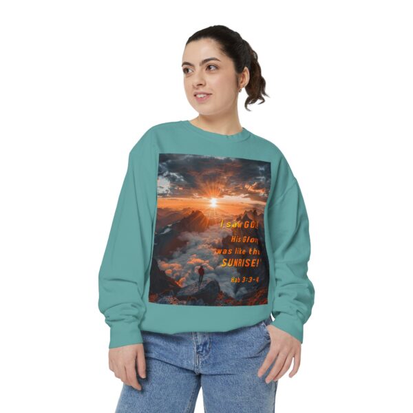 Sweatshirt Unisex our inspirational "His splendor was like the sunrise" design with a quote from Habakkuk 3:3-4! Faith Apparel Gospel Fashion Jumper, Pullover - Image 21