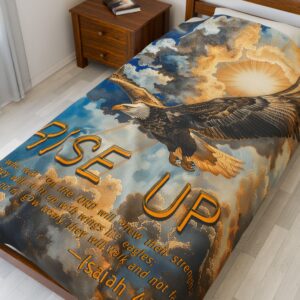 Our beautiful "Rise Up" soaring eagle 'as on wings like eagles' from Isaiah 40:31 Inspirational Velveteen Plush Throw Blanket A Cozy Gift for Anniversary, Wedding Faith Home Decor Bedding