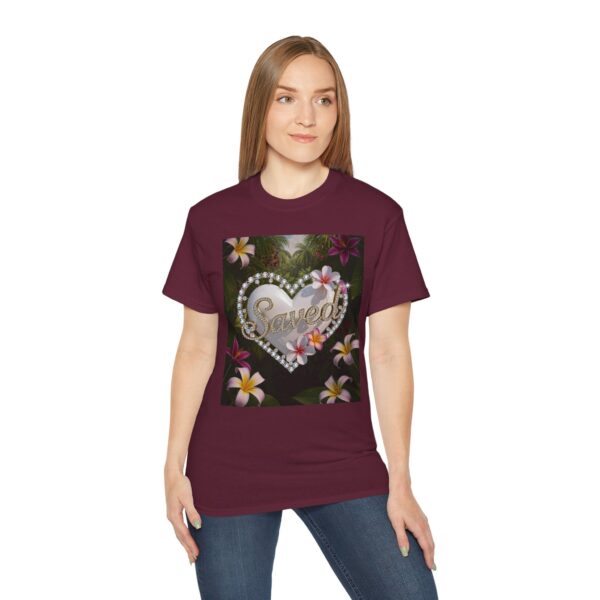 Our inspirational "Saved" 'Pure White Heart' Design! on a Christian Unisex Cotton T-Shirt, Faith Spiritual Apparel, Love Gift - Image 12