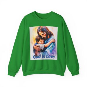 Crewneck Sweatshirt-with our "God is Love" series with Jesus hugging a young boy! Inspirational Biblical Vintage Inspired Gift