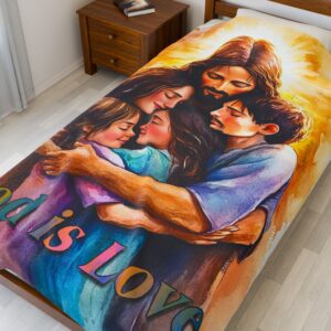 Our Beautiful "God is Love" series Throw Blanket with Jesus hugging a Small family! Inspirational Velveteen Plush Throw Blanket A Cozy Gift for Anniversary, Wedding Faith Home Decor Bedding