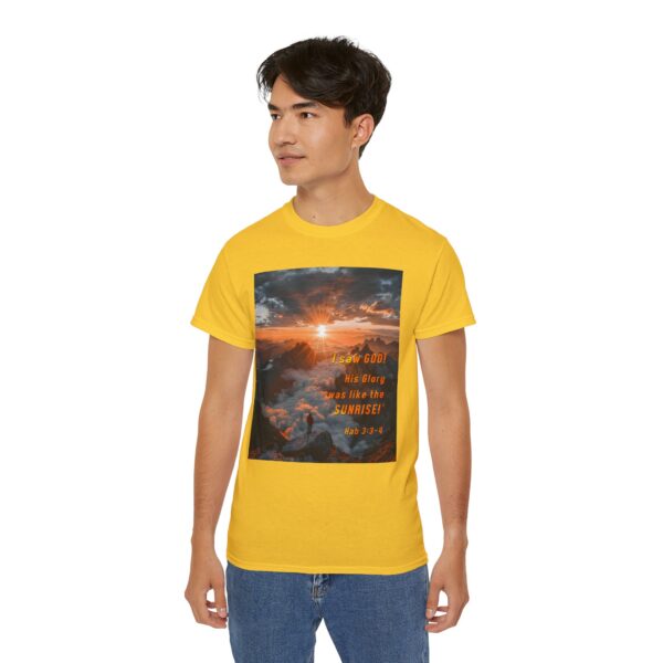 Cotton T-shirt with our inspirational "His splendor was like the sunrise" design with a quote from Habakkuk 3:3-4. Vintage Christian Faith Apparel Unisex Cotton T-Shirt, Thoughtful Quote - Image 14