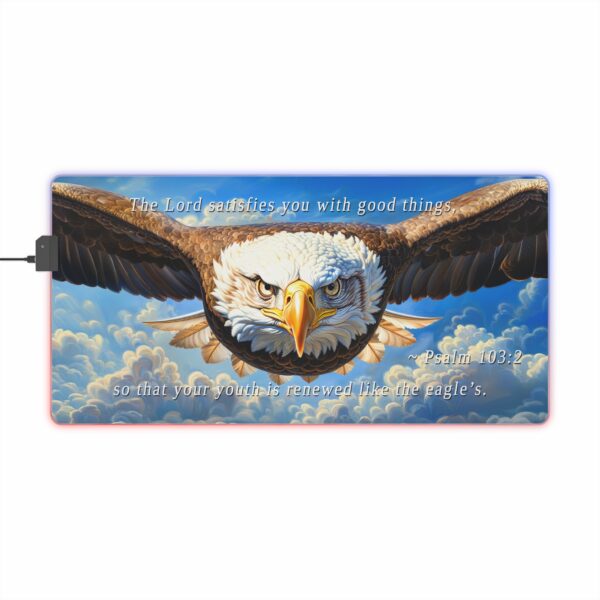 RGB LED Gaming Mouse Pad Desk Mat with our inspirational 'Soaring Eagle' and Psalm 103:5 'your youth is renewed like the eagles' design. Gamer Home Office Decor, LED Backlit - Image 4