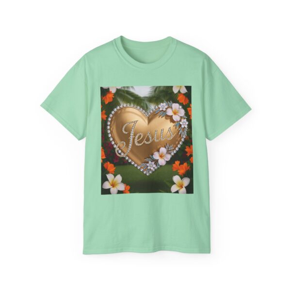 Our inspirational "Jesus" 'Diamond Ring-Solid Gold Heart' Design! on a Christian Unisex Cotton T-Shirt, Faith Spiritual Apparel, Love Gift - Image 15