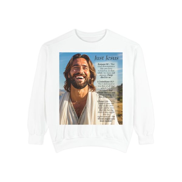 Sweatshirt Unisex with our inspirational "Just Jesus" and Verses on Salvation Design! Faith Apparel Gospel Fashion Jumper, Pullover - Image 11