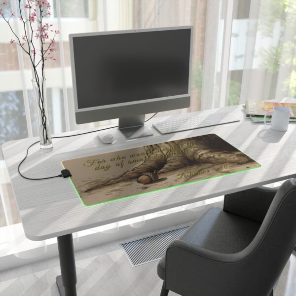 RGB LED Gaming Mouse Pad Desk Mat with our inspirational 'Day of Small Beginnings' from Zech 4:10 design. Gamer Home Office Decor, LED Backlit - Image 6