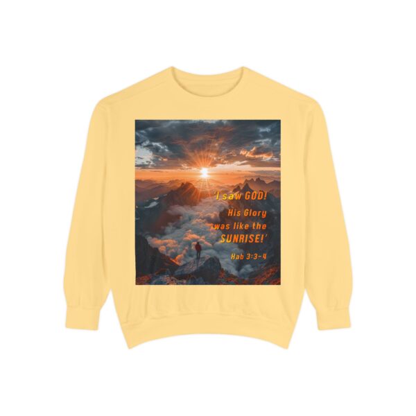 Sweatshirt Unisex our inspirational "His splendor was like the sunrise" design with a quote from Habakkuk 3:3-4! Faith Apparel Gospel Fashion Jumper, Pullover - Image 15
