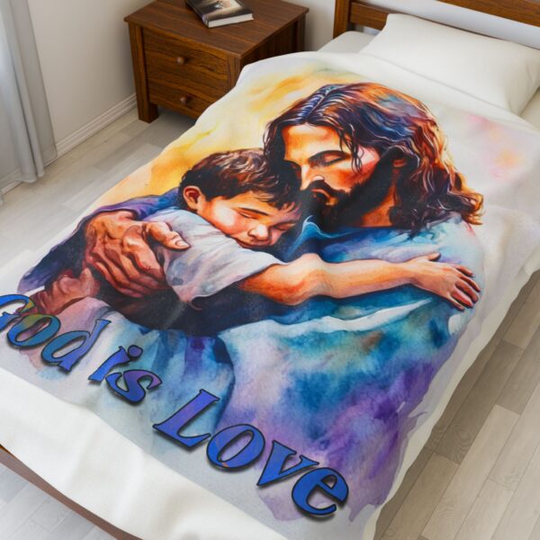 Our "God is Love" series with Jesus hugging a little boy! Inspirational Velveteen Plush Throw Blanket. Cozy Faith Home Decor Bedding - Image 4