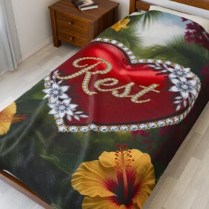 Our Beautiful "REST" Inspirational 'Solid Red Heart' design Velveteen Plush Blanket - A Cozy Gift for Anniversary, Home Decor. Throw, Bedding